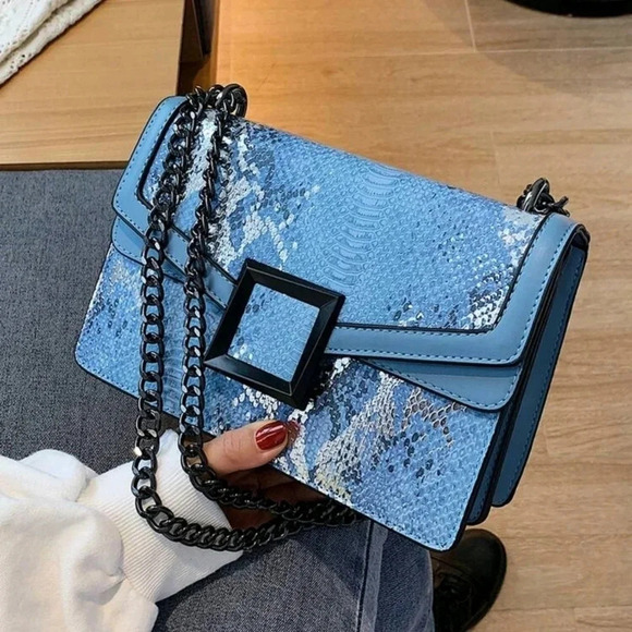 Snakeskin Embossed Square Bag Small Flap Chain Strap - Picture 1 of 5